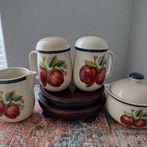 China Pearl Casuals Apples Salt & Pepper Shakers and Cream & Sugar Bowl w/lid